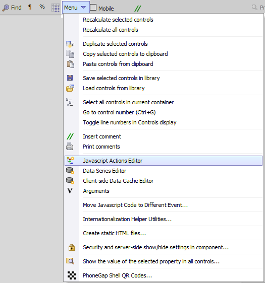 Opening the Javascript Actions Editor on the UX Controls page